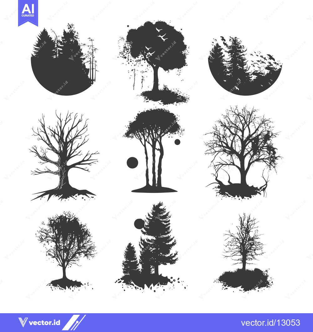 Premium Vector of A Collection of Black and White Tree Silhouettes