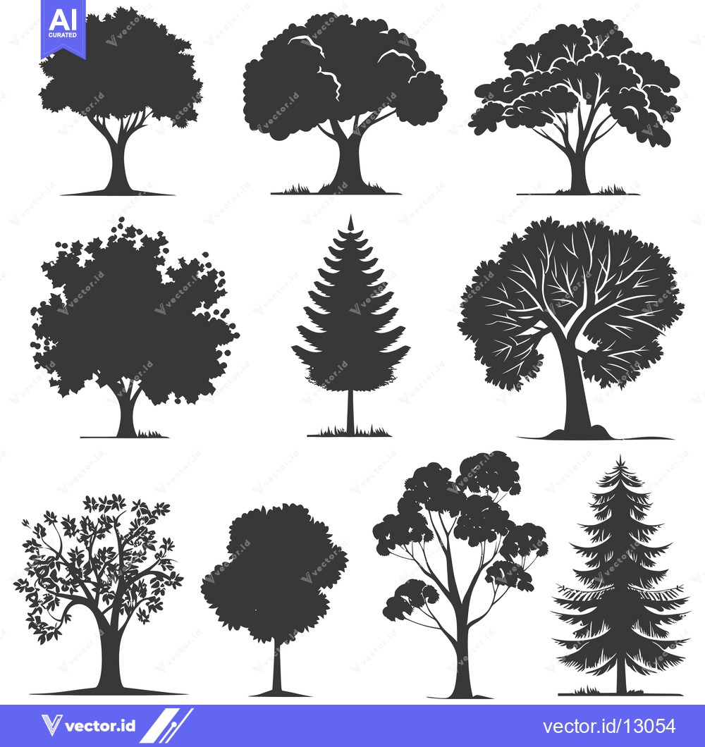 Premium Vector dari A Collection of Black and White Tree Silhouettes
