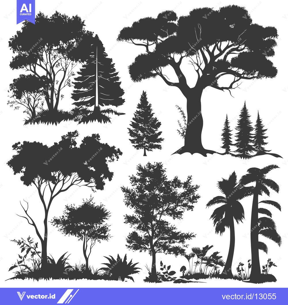 Premium Vector dari A Collection of Black and White Tree Silhouettes