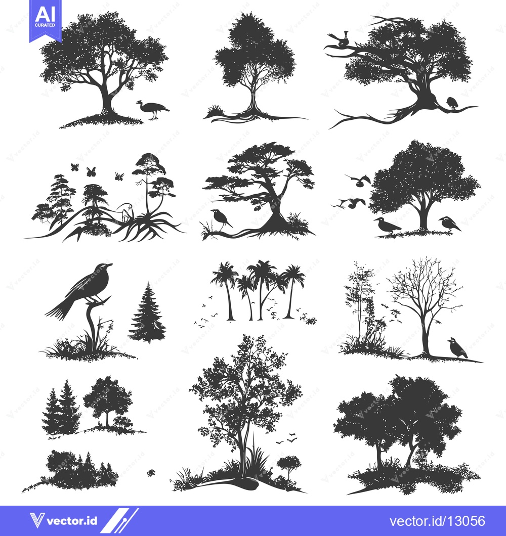 Premium Vector dari A Collection of Black and White Tree Silhouettes with Birds