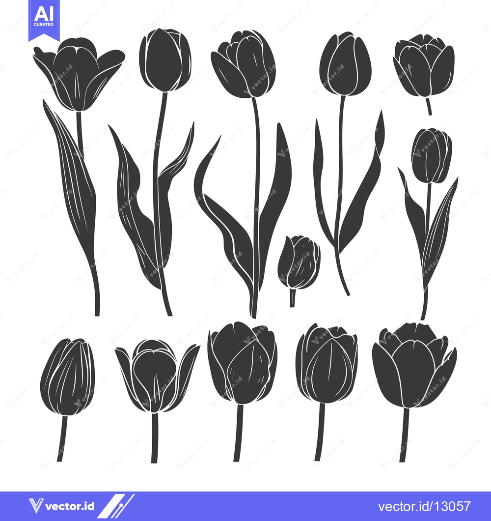 Premium Vector dari A Collection of Black and White Tulip Silhouettes
