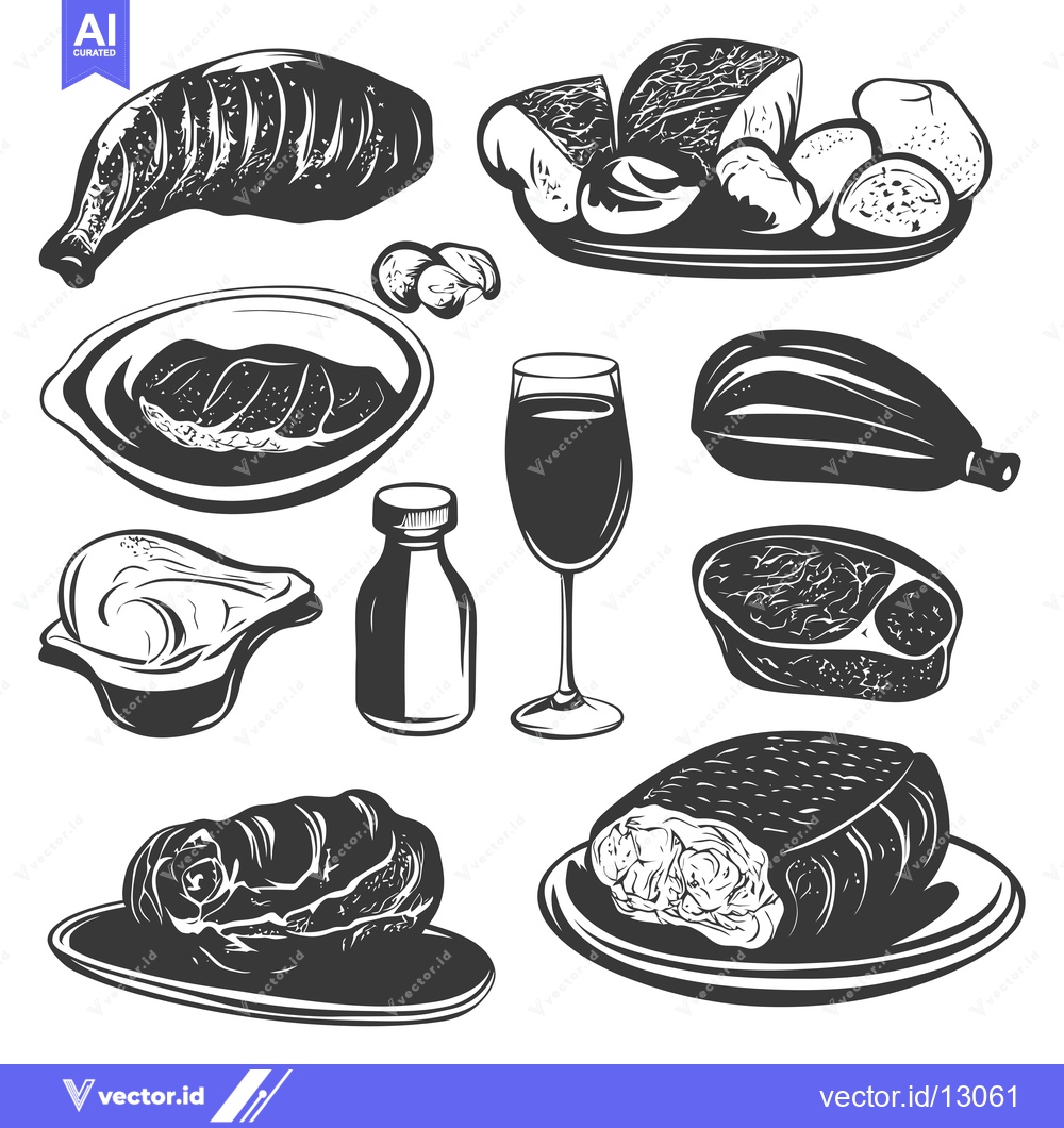 Premium Vector of A Collection of Black and White Vintage-Style Images of Meats, Vegetab