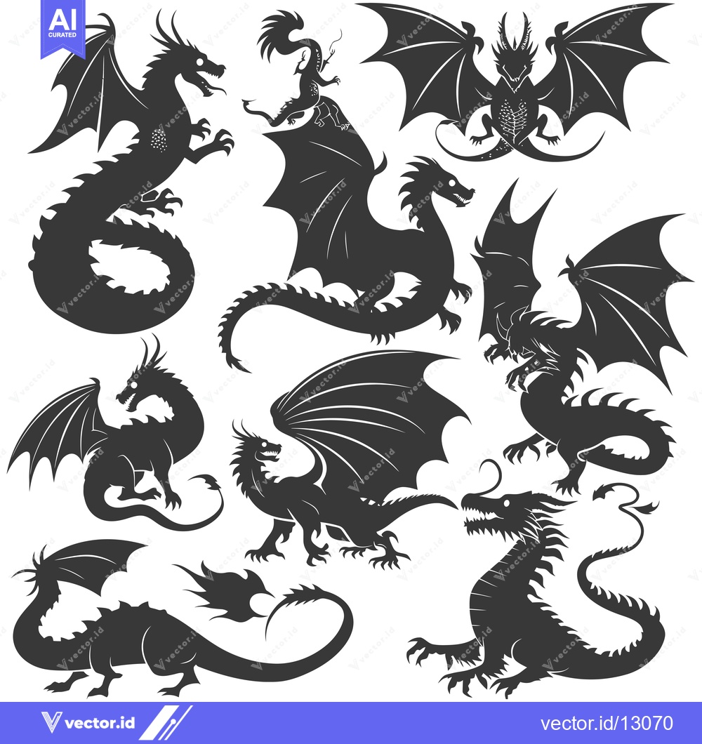 Premium Vector dari A Collection of Black Dragon Silhouettes in Various Poses