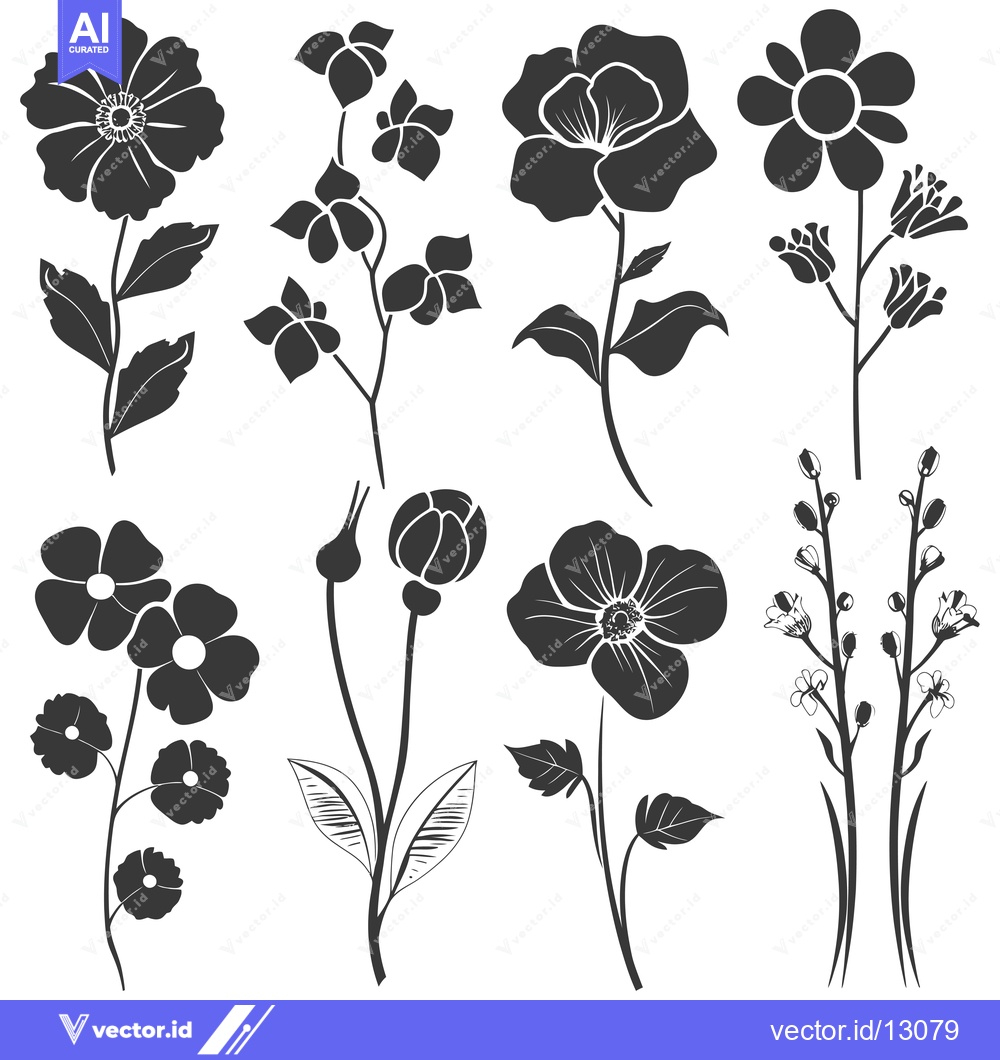 Premium Vector of A Collection of Black Silhouette Flower Illustrations