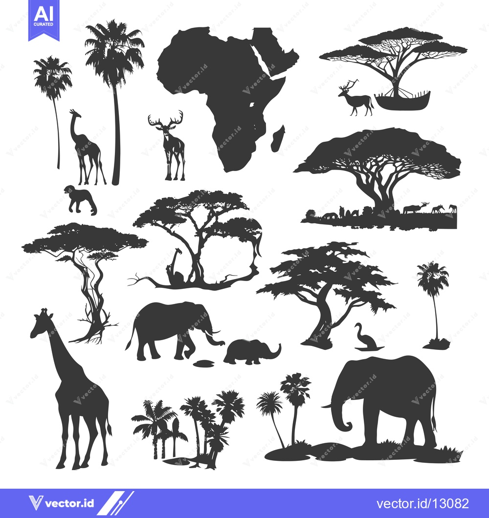 Premium Vector of A Collection of Black Silhouettes Depicting African Wildlife and Lands