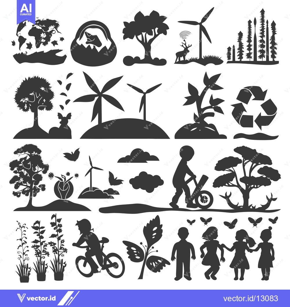 Premium Vector of A Collection of Black Silhouettes Depicting Nature, Ecology, and Child
