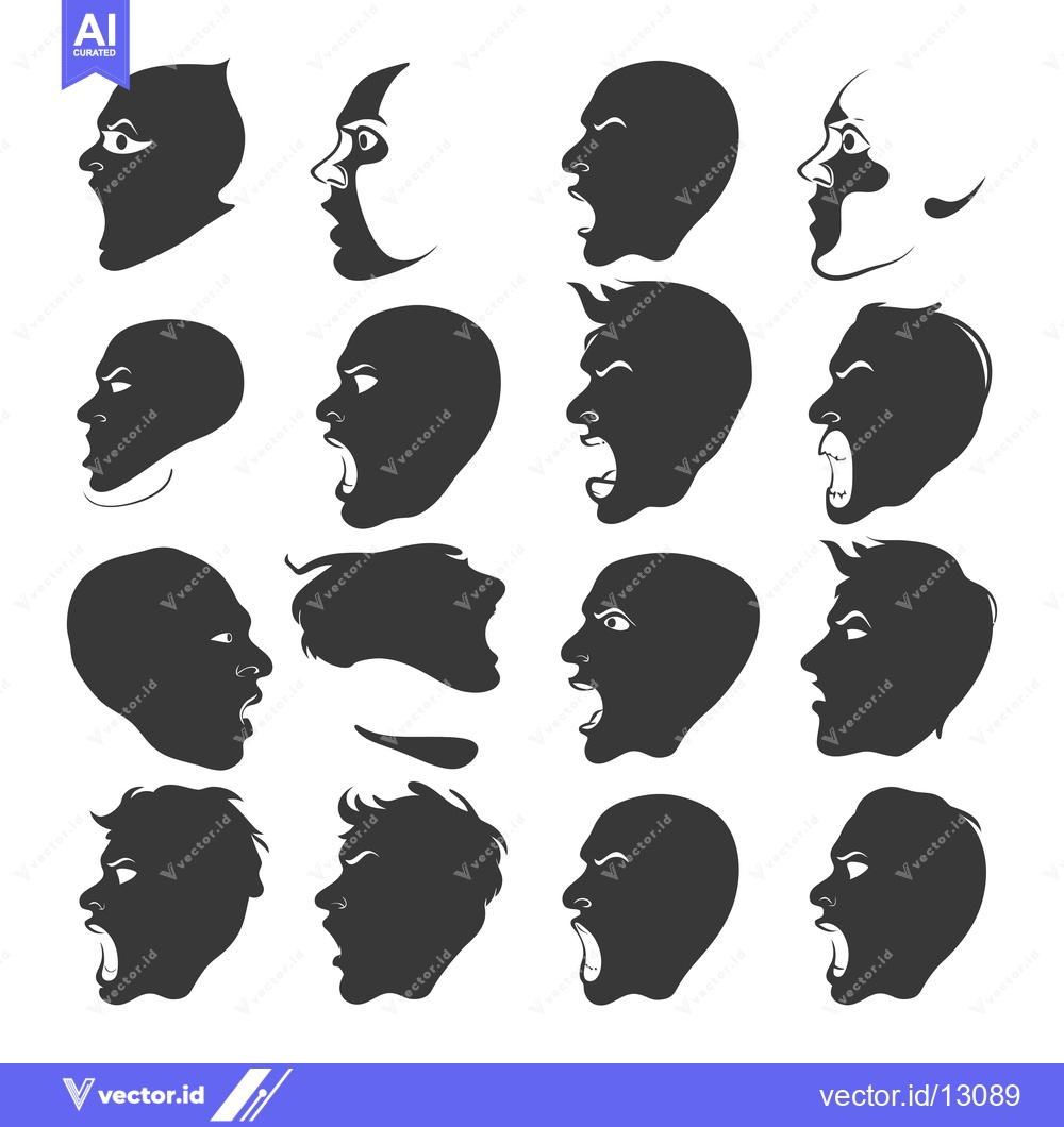 Premium Vector dari A Collection of Black Silhouettes of Faces with Different Expressions,