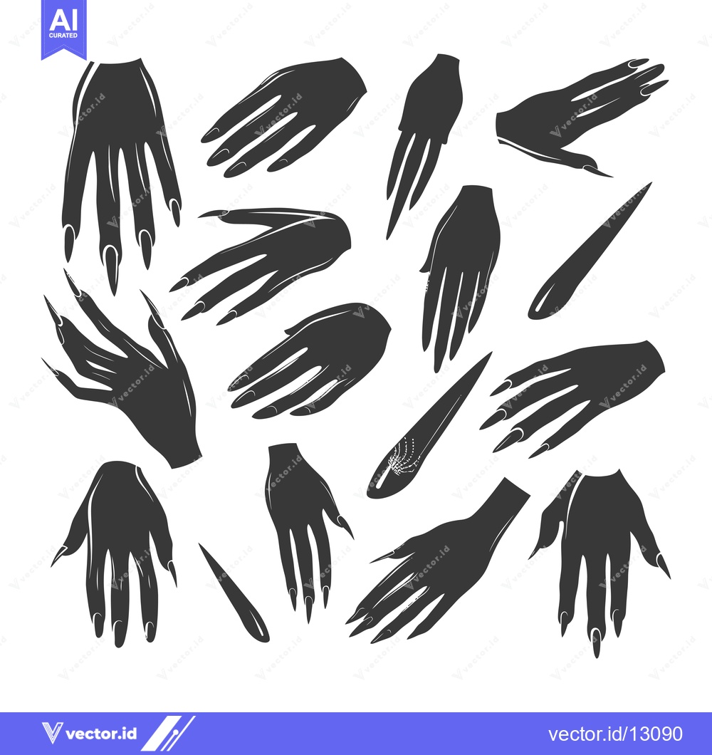 Premium Vector of A Collection of Black Silhouettes of Female Hands with Long, Sharp Nai