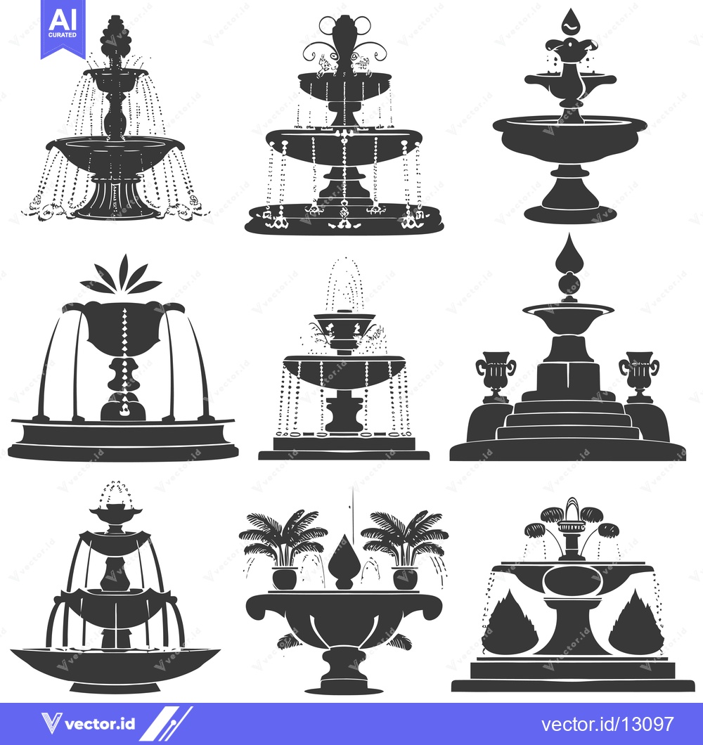Premium Vector dari A Collection of Black Silhouettes of Ornamental Water Fountains
