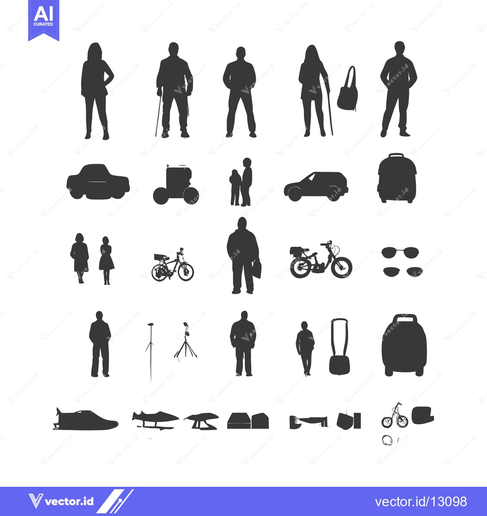 Premium Vector of A Collection of Black Silhouettes of People, Vehicles, and Objects