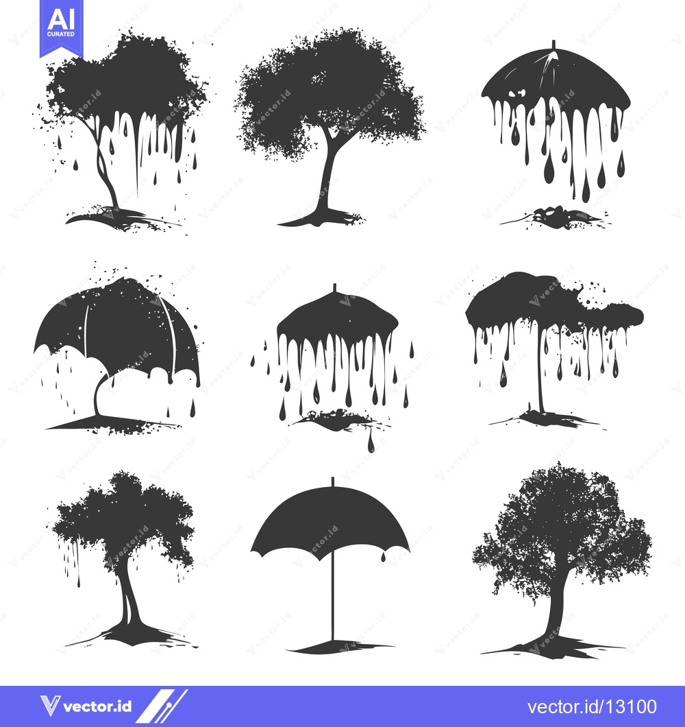 Premium Vector of A collection of black silhouettes of trees and umbrellas dripping with