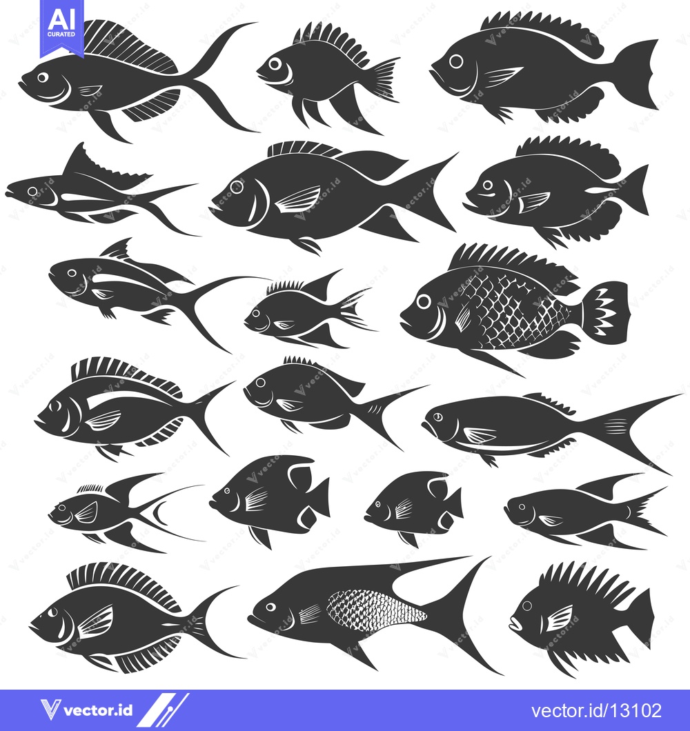 Premium Vector dari A Collection of Black Silhouettes of Various Fish Species