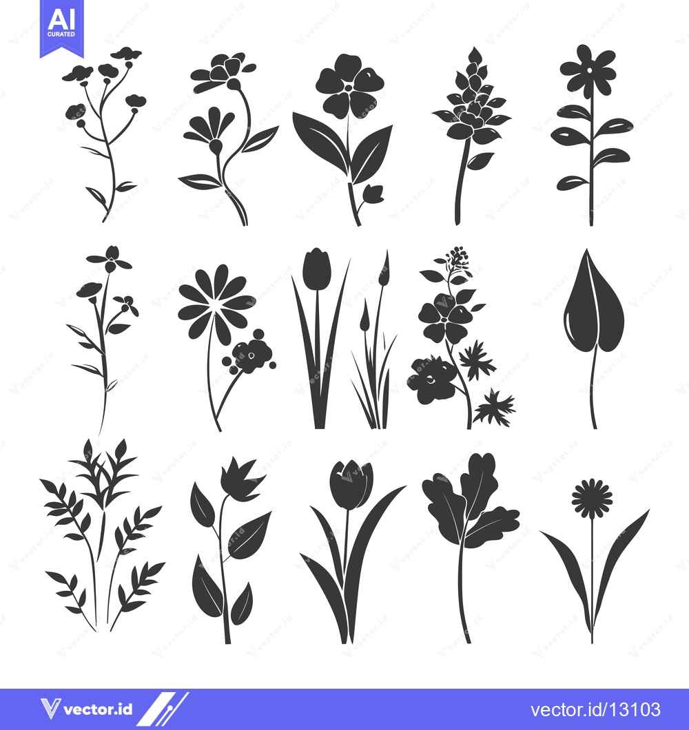 Premium Vector of A Collection of Black Silhouettes of Various Flower and Plant Species