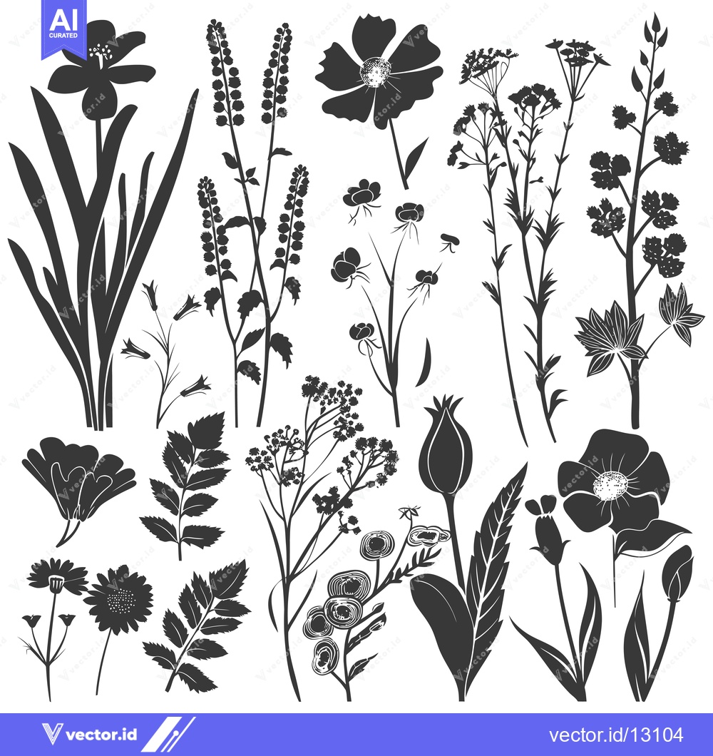 Premium Vector of A Collection of Black Silhouettes of Various Flowers and Plants