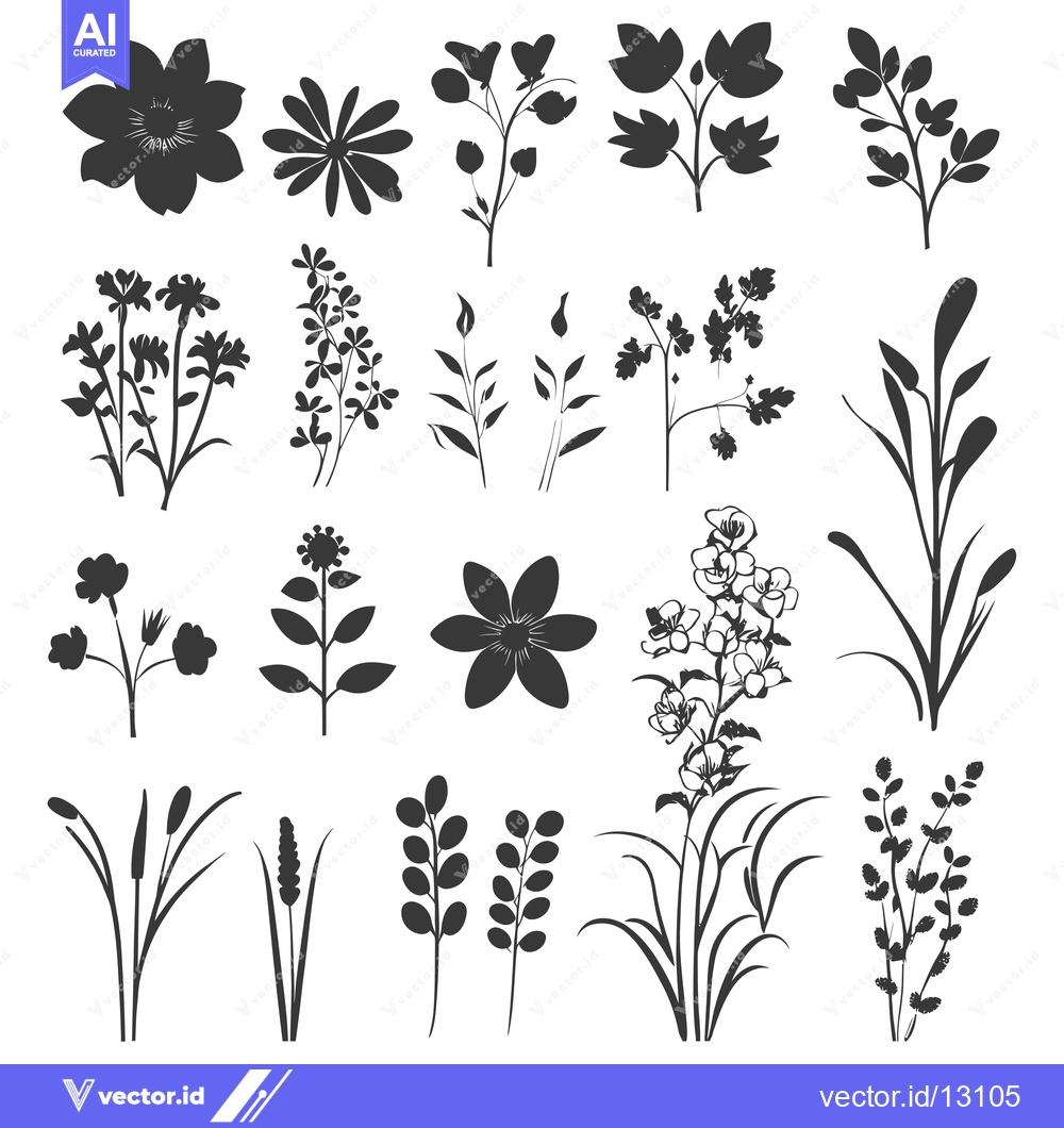 Premium Vector dari A Collection of Black Silhouettes of Various Flowers and Plants