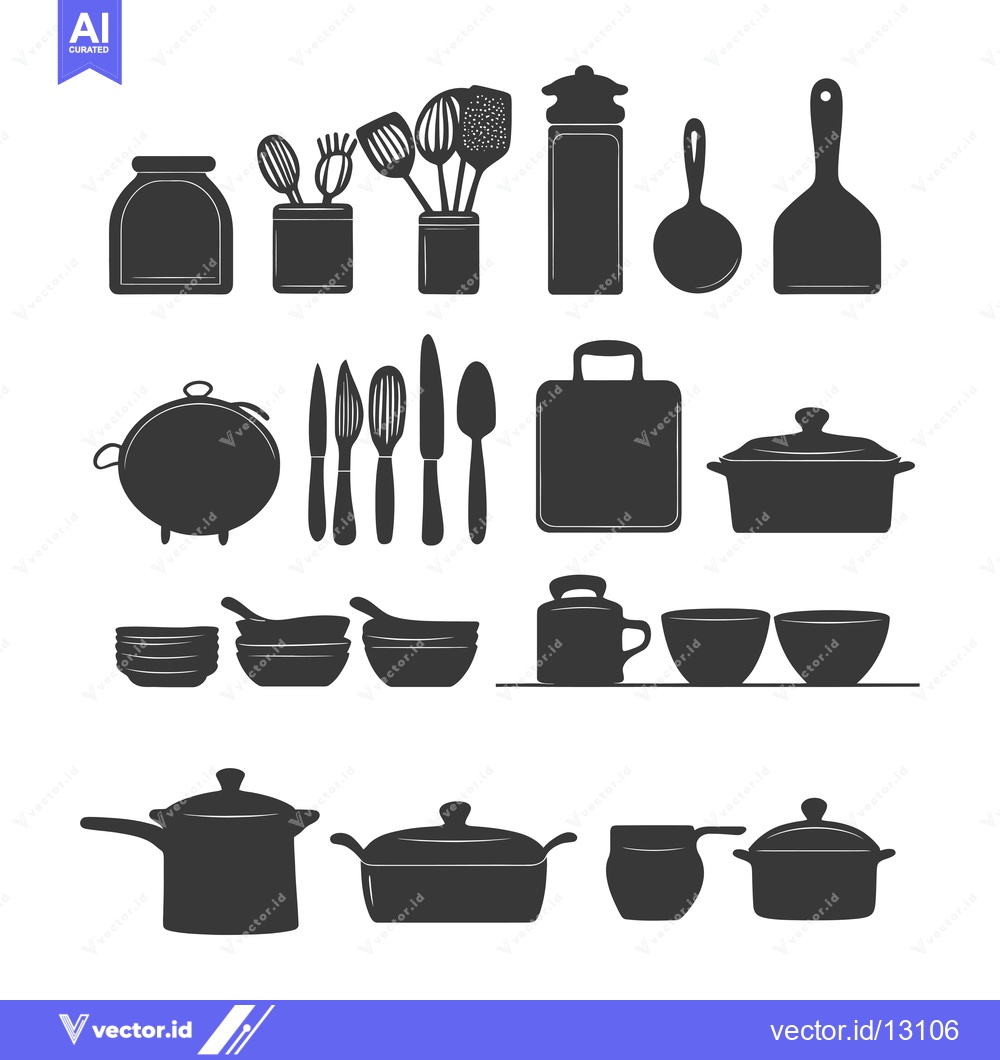 Premium Vector of A Collection of Black Silhouettes of Various Kitchen Utensils and Dish