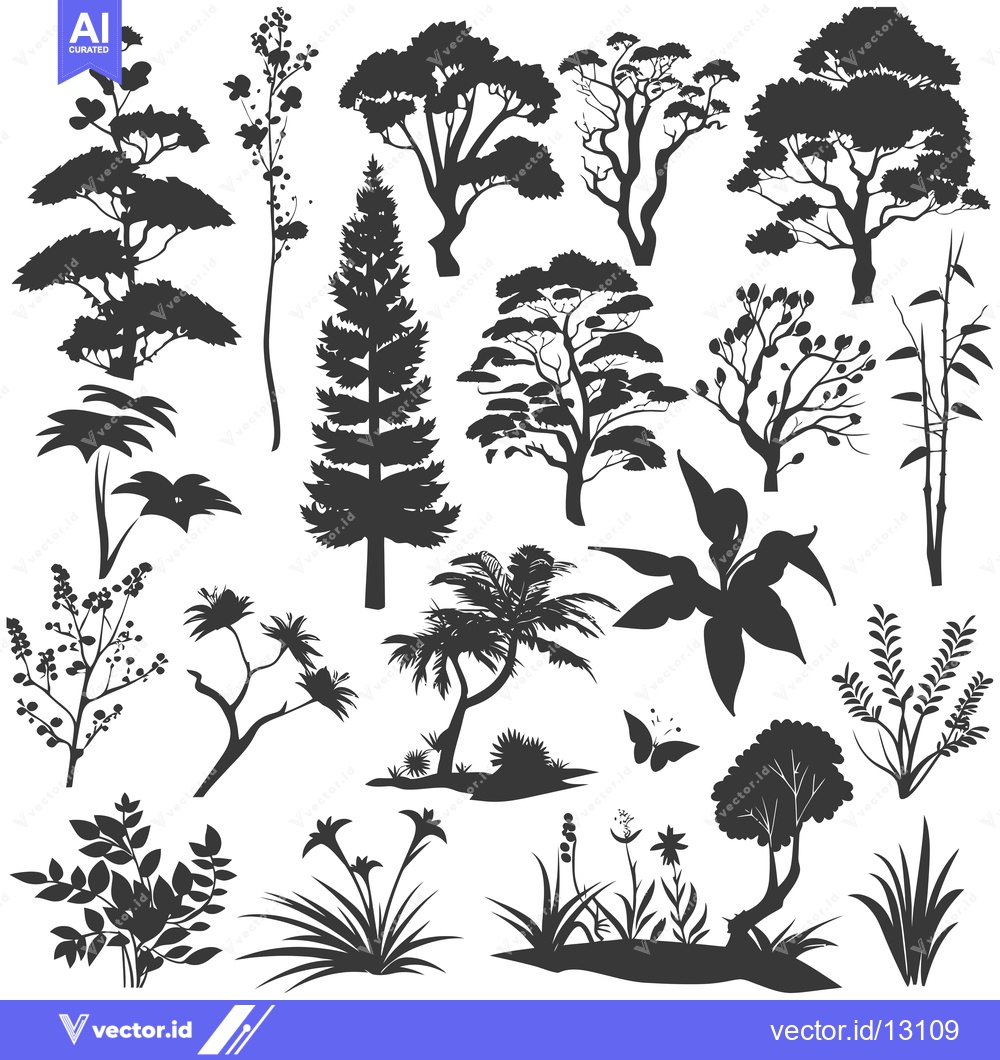 Premium Vector dari A Collection of Black Silhouettes of Various Trees, Plants, and Flower