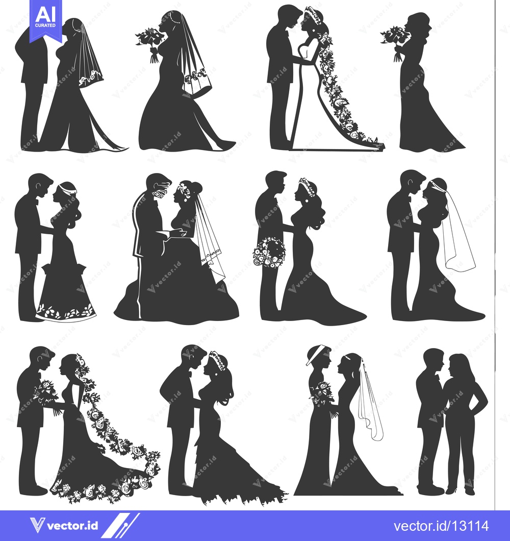 Premium Vector dari A collection of black silhouettes of wedding couples in different pose