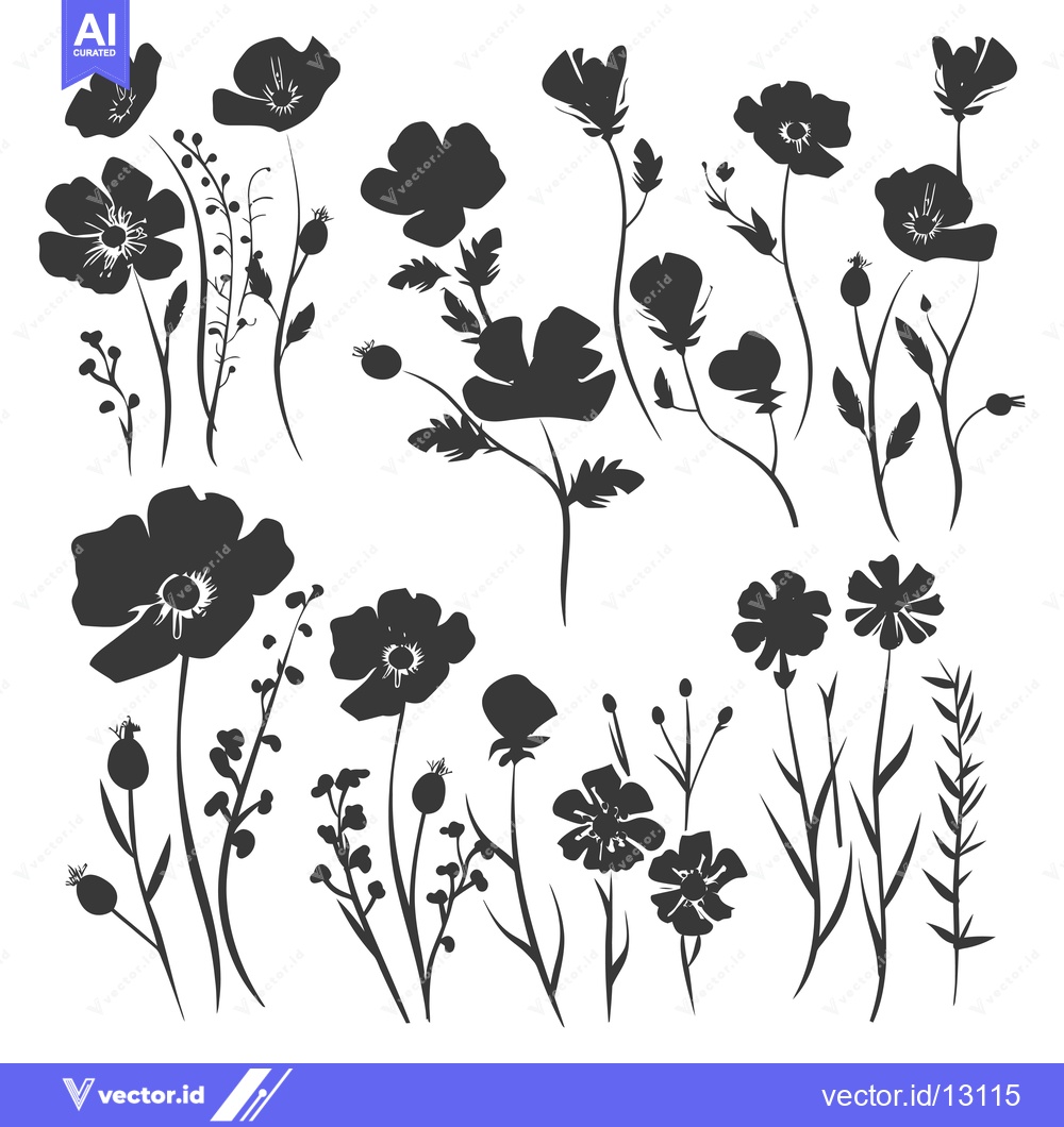 Premium Vector dari A Collection of Black Silhouettes of Wildflowers and Grasses