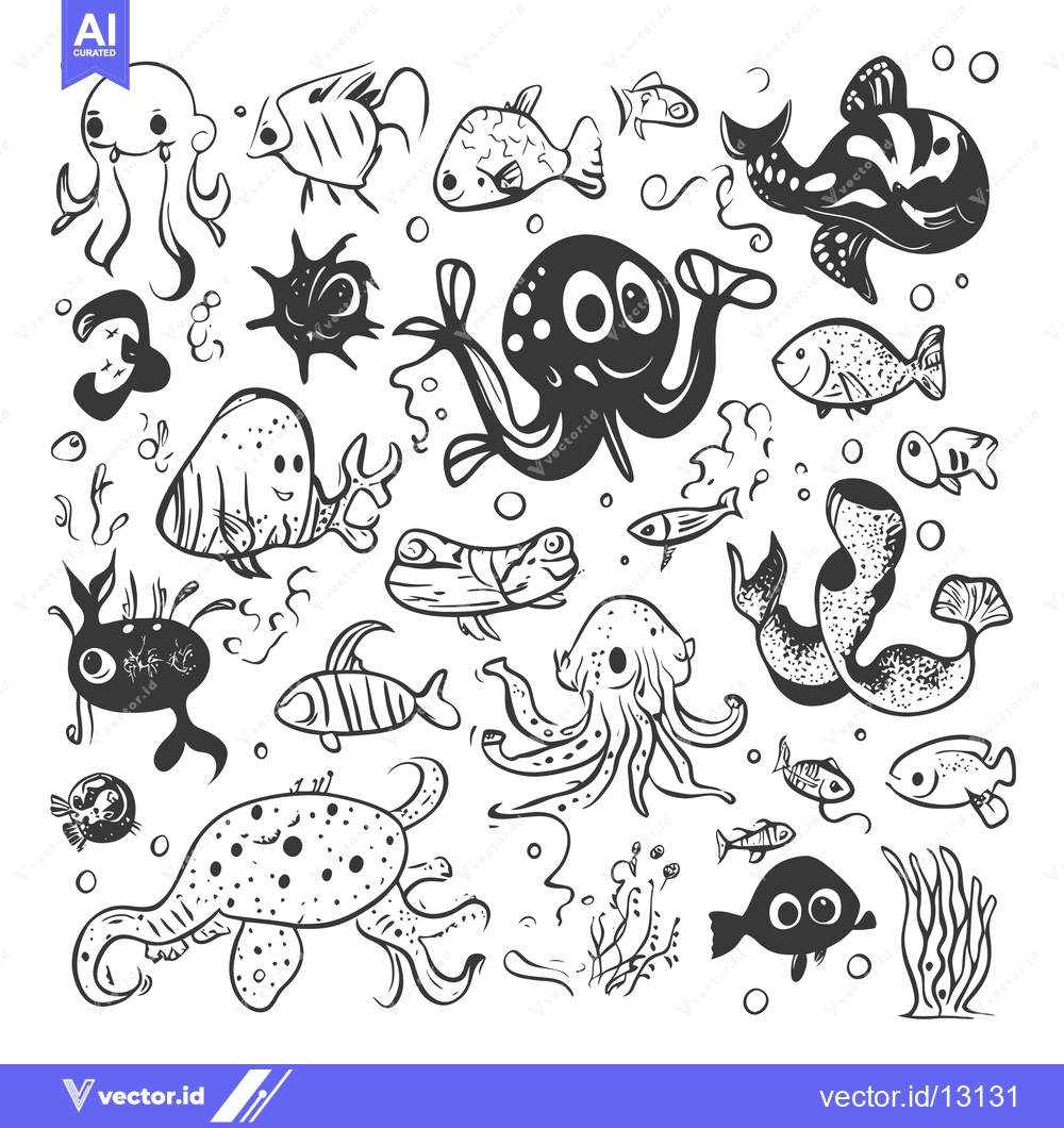 Premium Vector of A Collection of Cartoon Sea Creatures and Fish