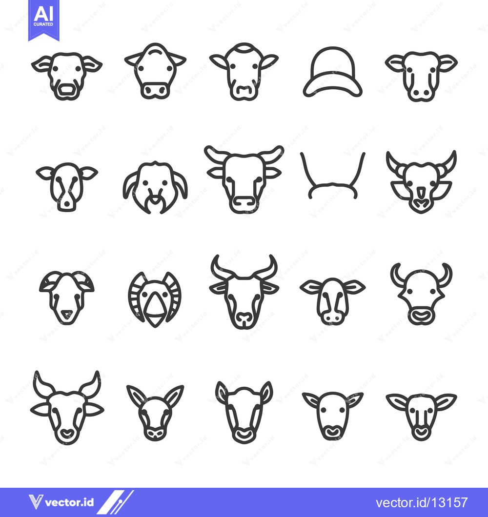 Premium Vector dari A Collection of Cow, Bull, Goat, and Sheep Head Line Icons