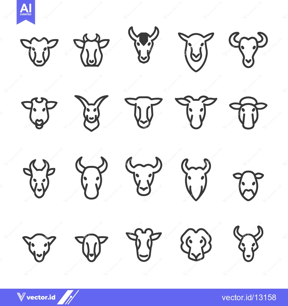 Premium Vector of A Collection of Cow, Bull, Goat, and Sheep Head Line Icons