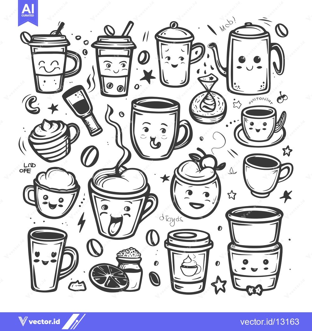 Premium Vector dari A Collection of Cute Cartoon Coffee and Tea Cups with Smiling Faces