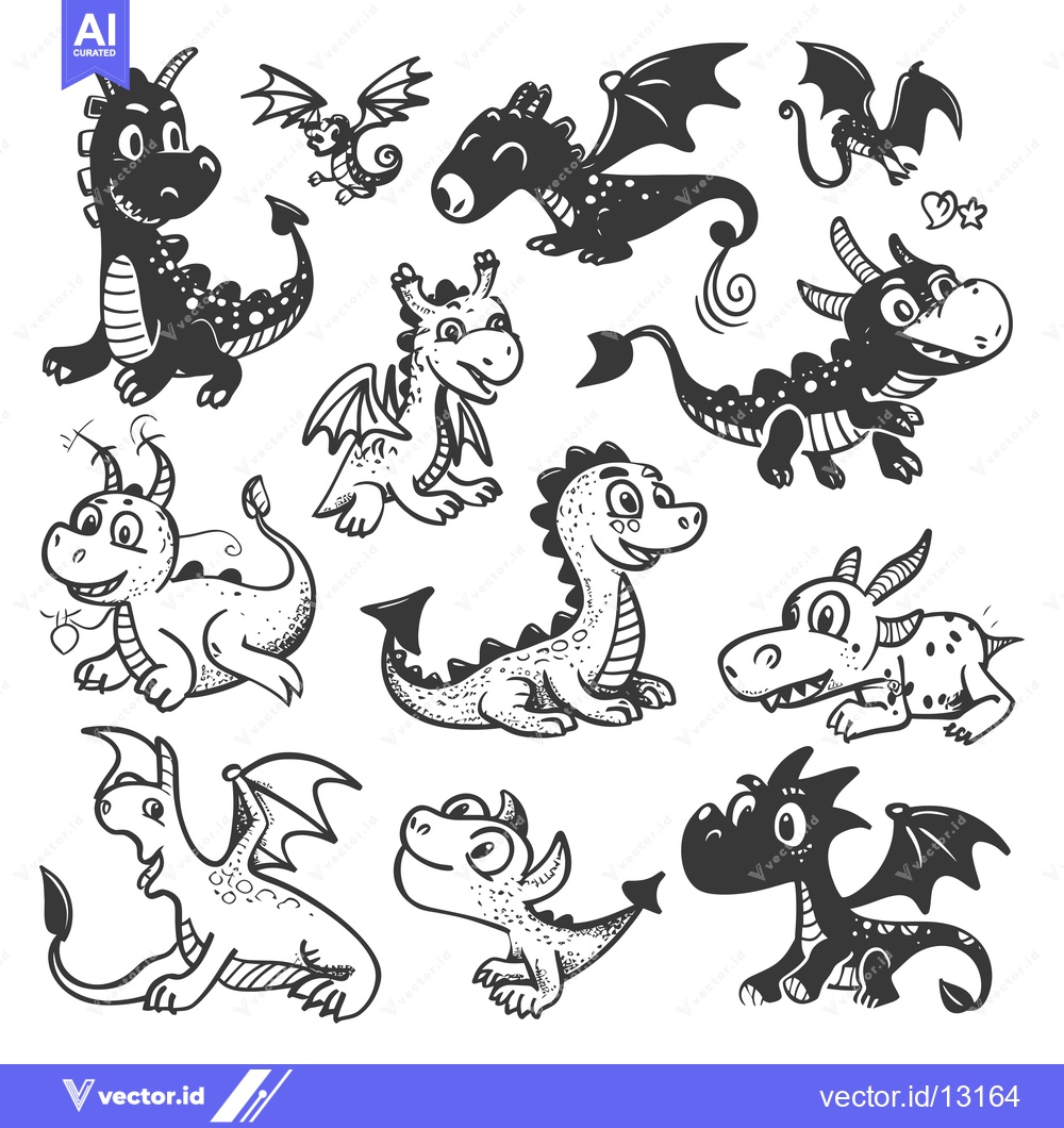 Premium Vector dari A Collection of Cute Cartoon Dragons in Various Poses