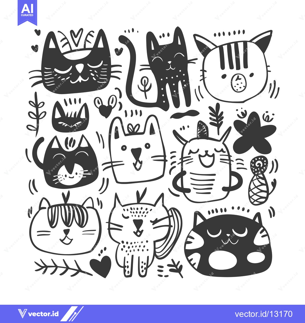 Premium Vector of A Collection of Cute Hand-Drawn Black and White Cats with Various Expr