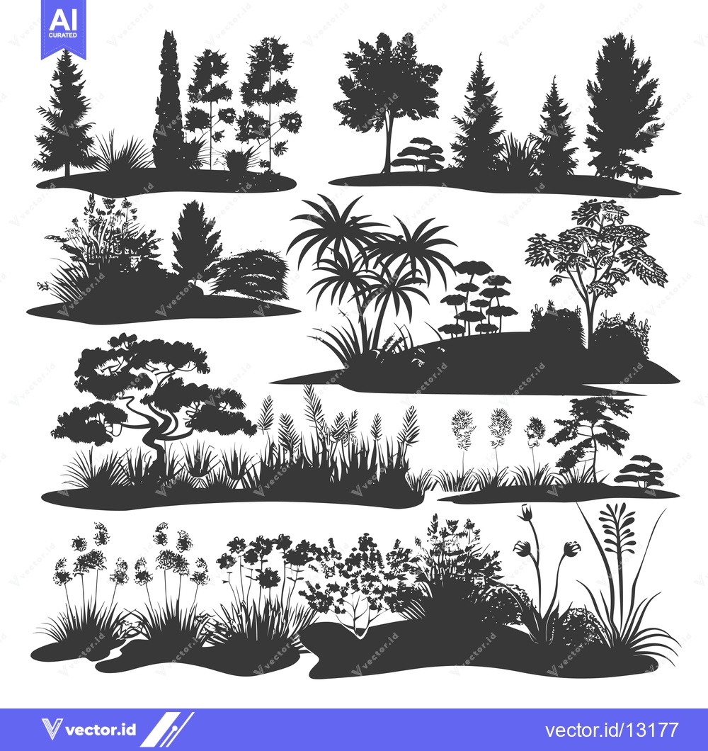 Premium Vector dari A Collection of Detailed Black Silhouettes of Various Trees, Plants, a
