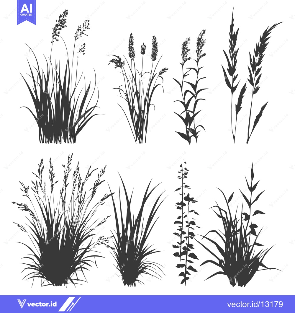 Premium Vector of A Collection of Detailed Grass and Wildflower Silhouettes
