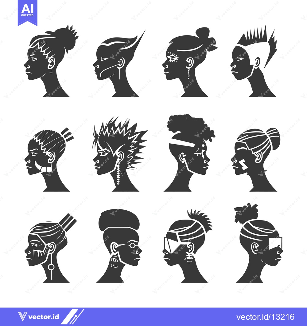 Premium Vector of A Collection of Diverse Hairstyles and Facial Designs on Black Silhoue