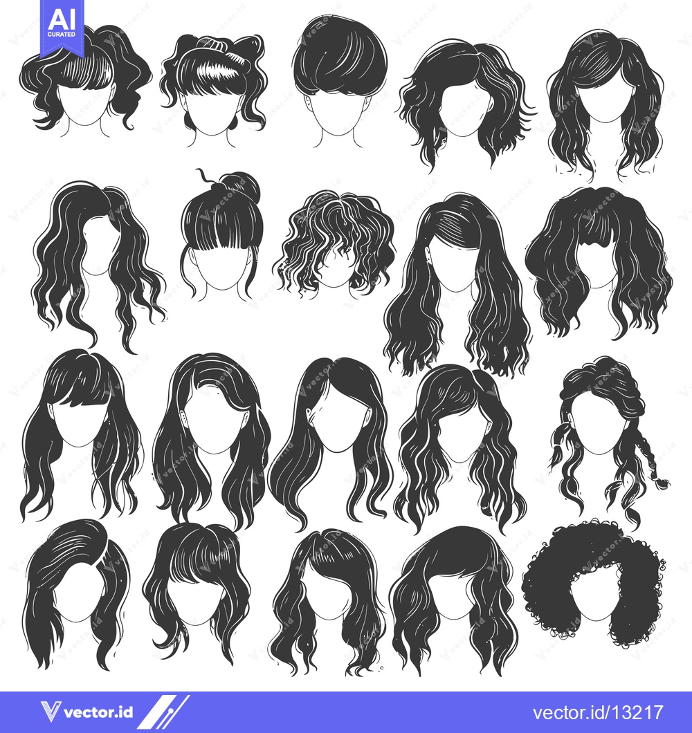 Premium Vector dari A Collection of Diverse Hairstyles for Women, Depicted in Black and Wh