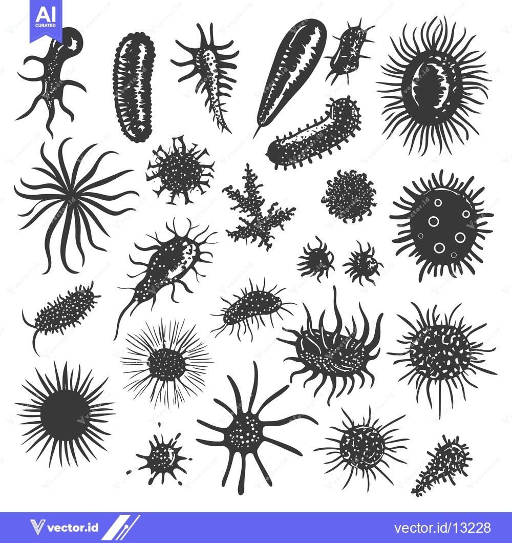 Premium Vector dari A Collection of Diverse Microorganisms in Black and White Silhouettes