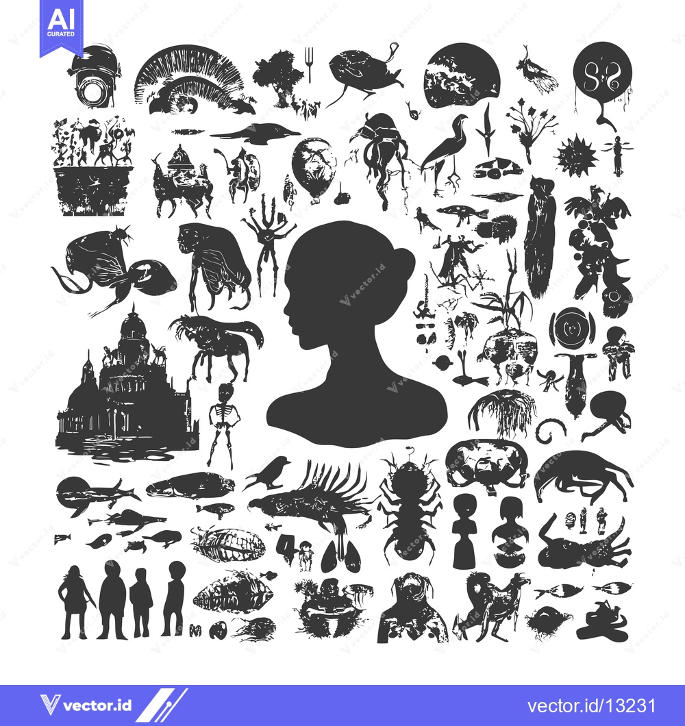 Premium Vector of A Collection of Diverse Silhouettes: Abstract Creatures, People, and O