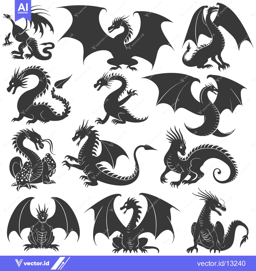 Premium Vector of A Collection of Dragon Silhouettes in Various Poses