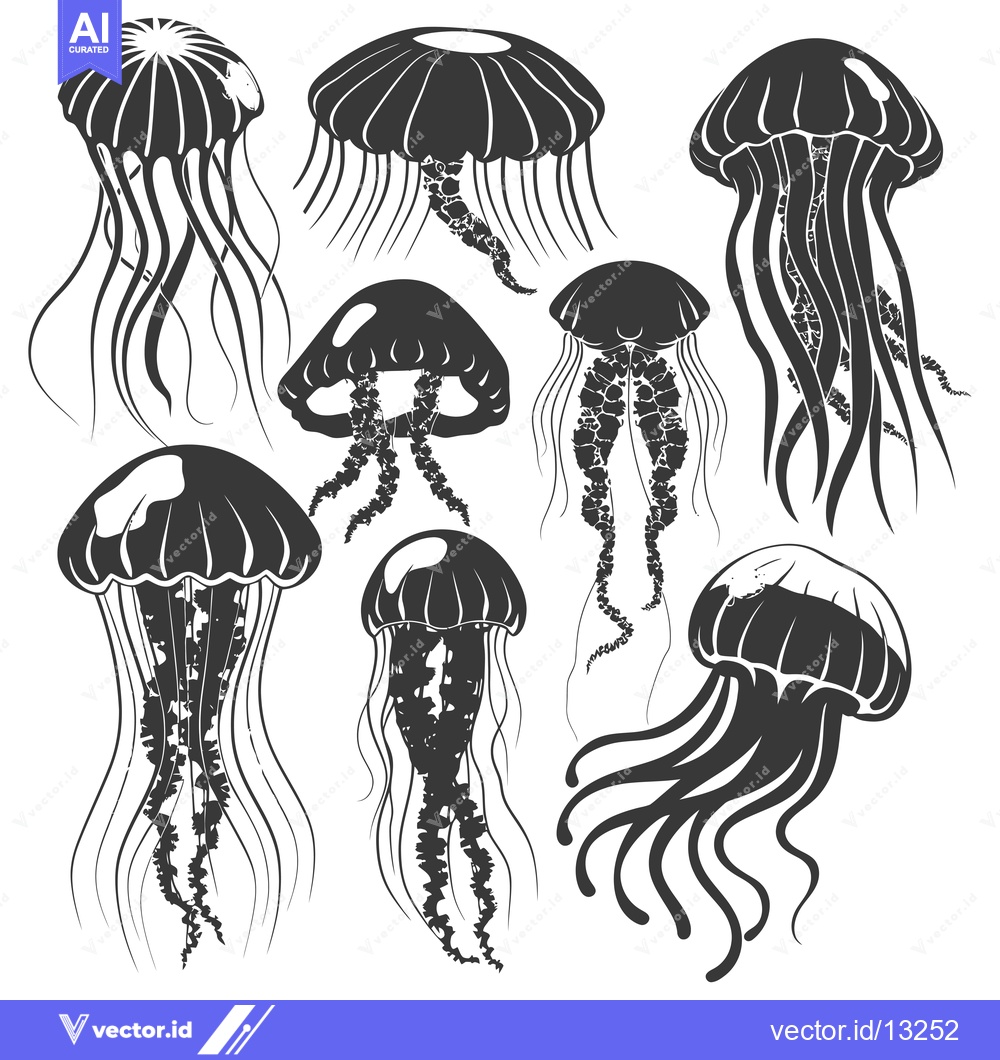Premium Vector dari A Collection of  Eight Stylized Black and White Jellyfish Illustration