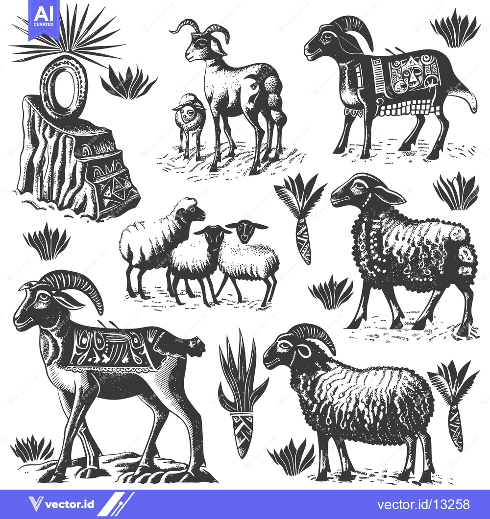 Premium Vector dari A Collection of Engraved Sheep and Goats with Geometric Patterns