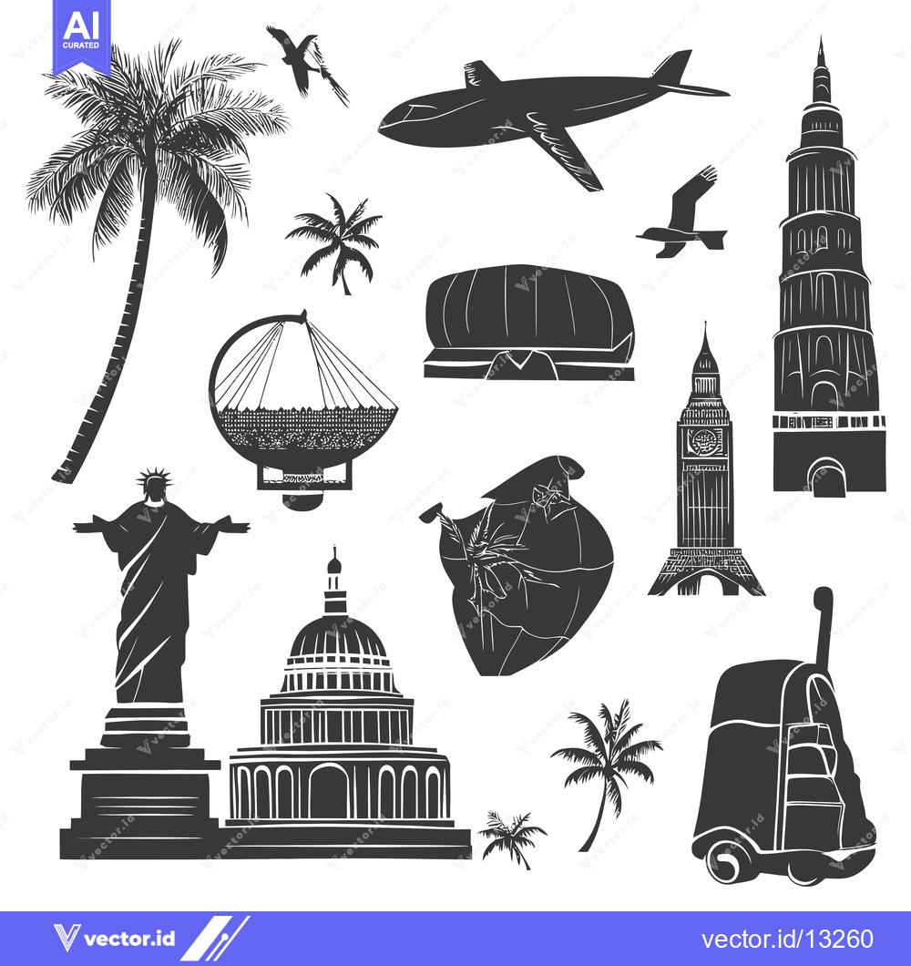 Premium Vector of A Collection of Famous Landmarks and Travel Icons in Black Silhouette