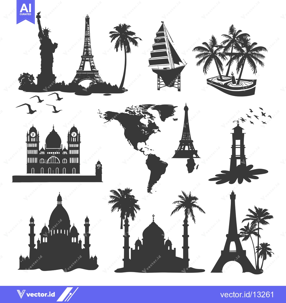 Premium Vector of A Collection of Famous Landmarks and World Map in Silhouette