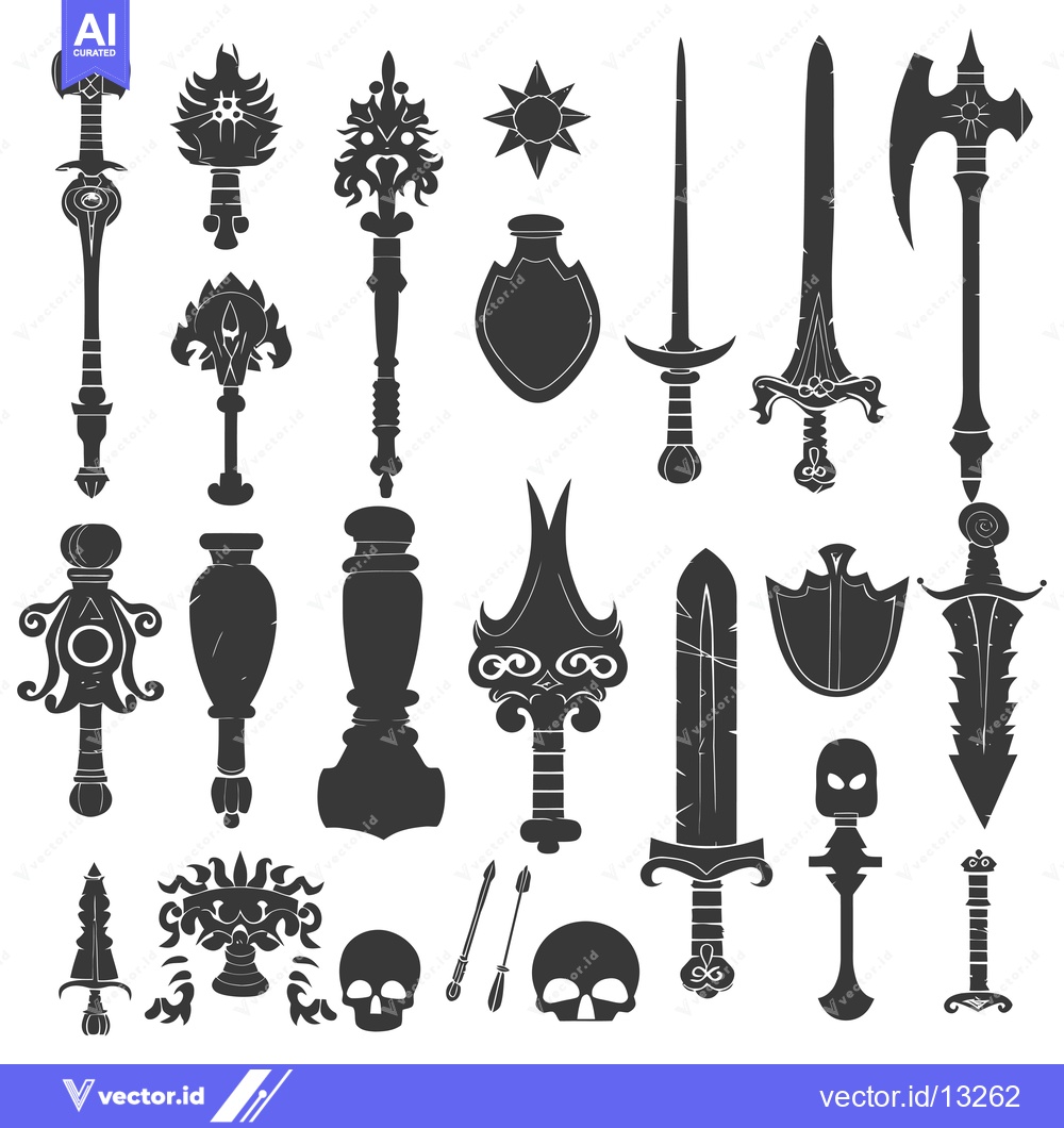 Premium Vector dari A Collection of Fantasy Weapons and Items in Silhouette