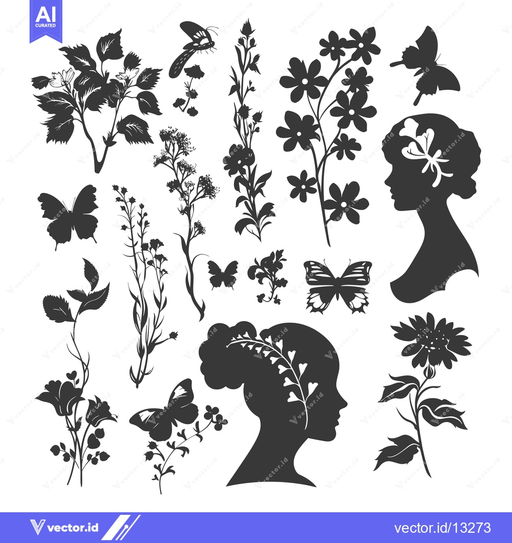 Premium Vector of A Collection of Floral and Butterfly Silhouettes with Female Profiles