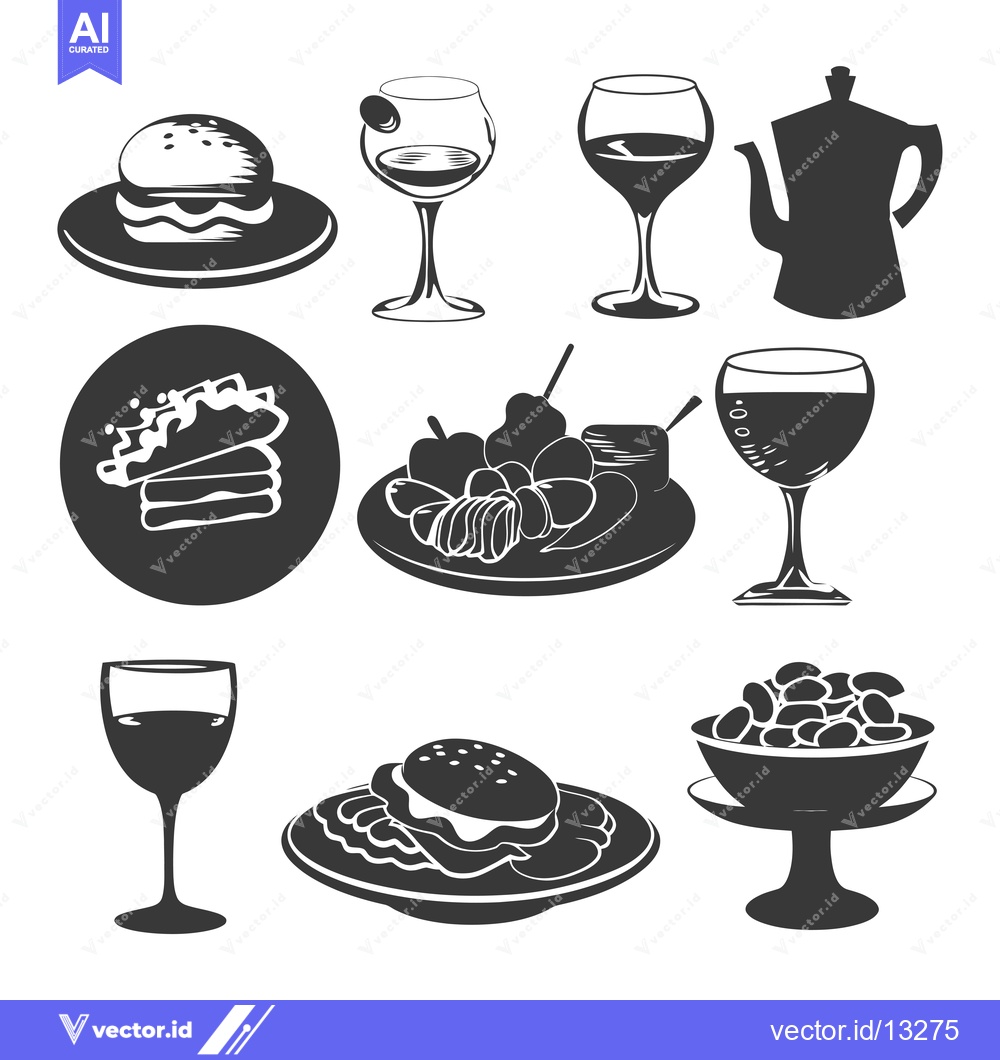 Premium Vector of A Collection of Food and Drink Silhouettes in Black and White