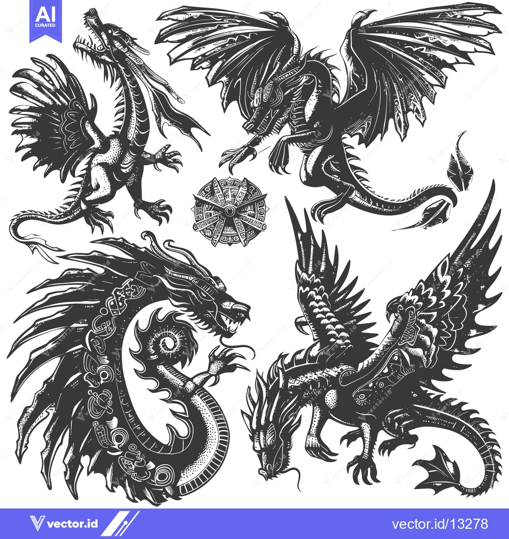 Premium Vector dari A Collection of Four Stylized Dragons in Black and White