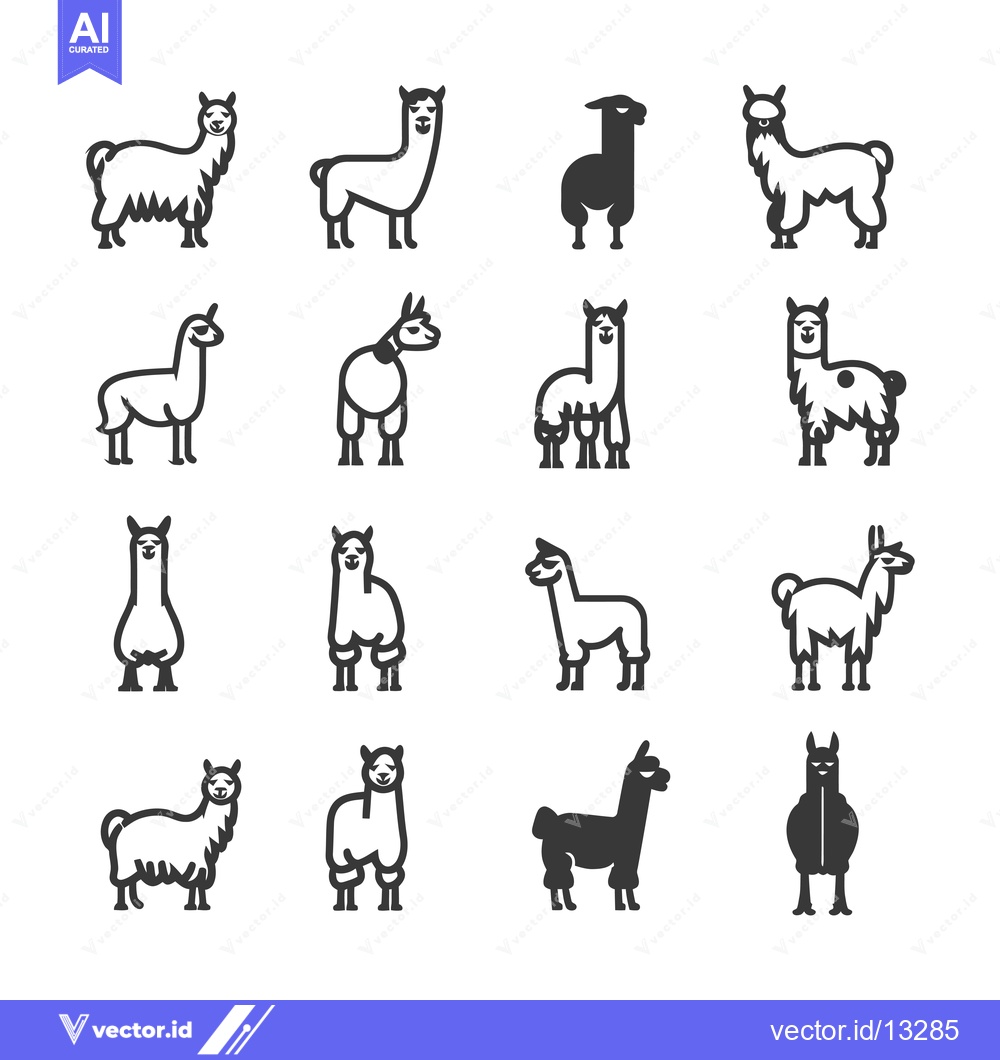 Premium Vector of A Collection of Fourteen Llama Icons in Black and White