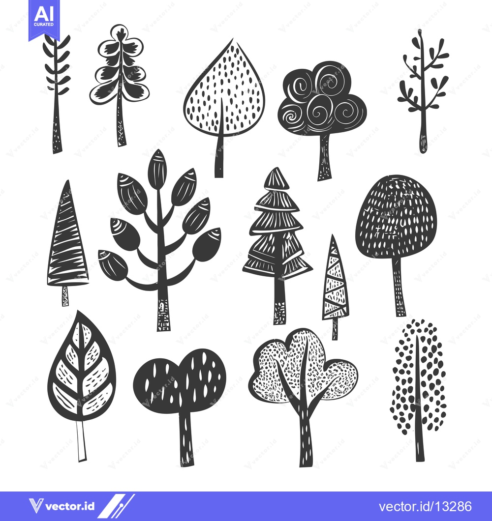 Premium Vector dari A Collection of Fourteen Stylized Black and White Trees