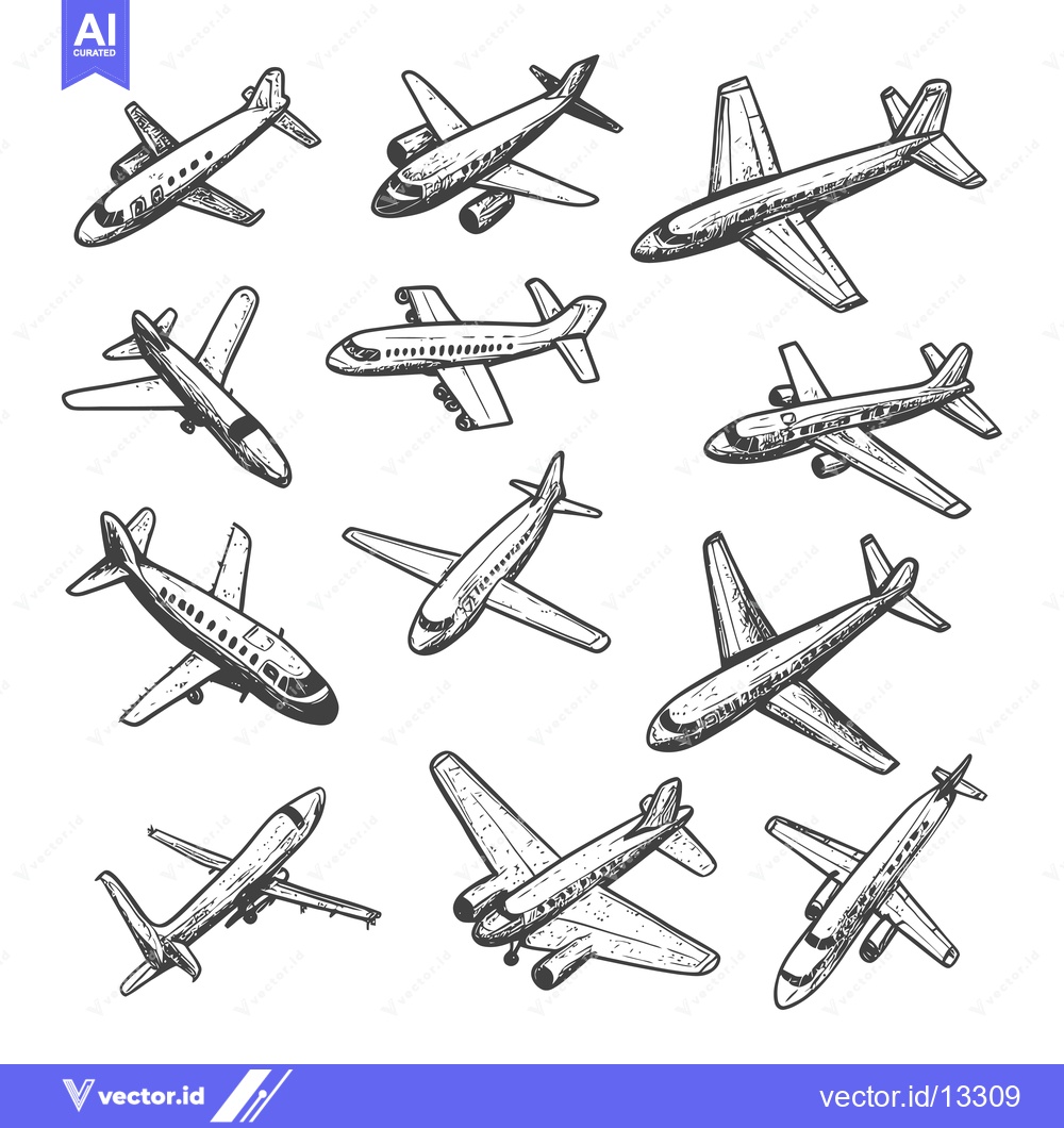 Premium Vector of A Collection of Hand-Drawn Airplane Illustrations in Flight