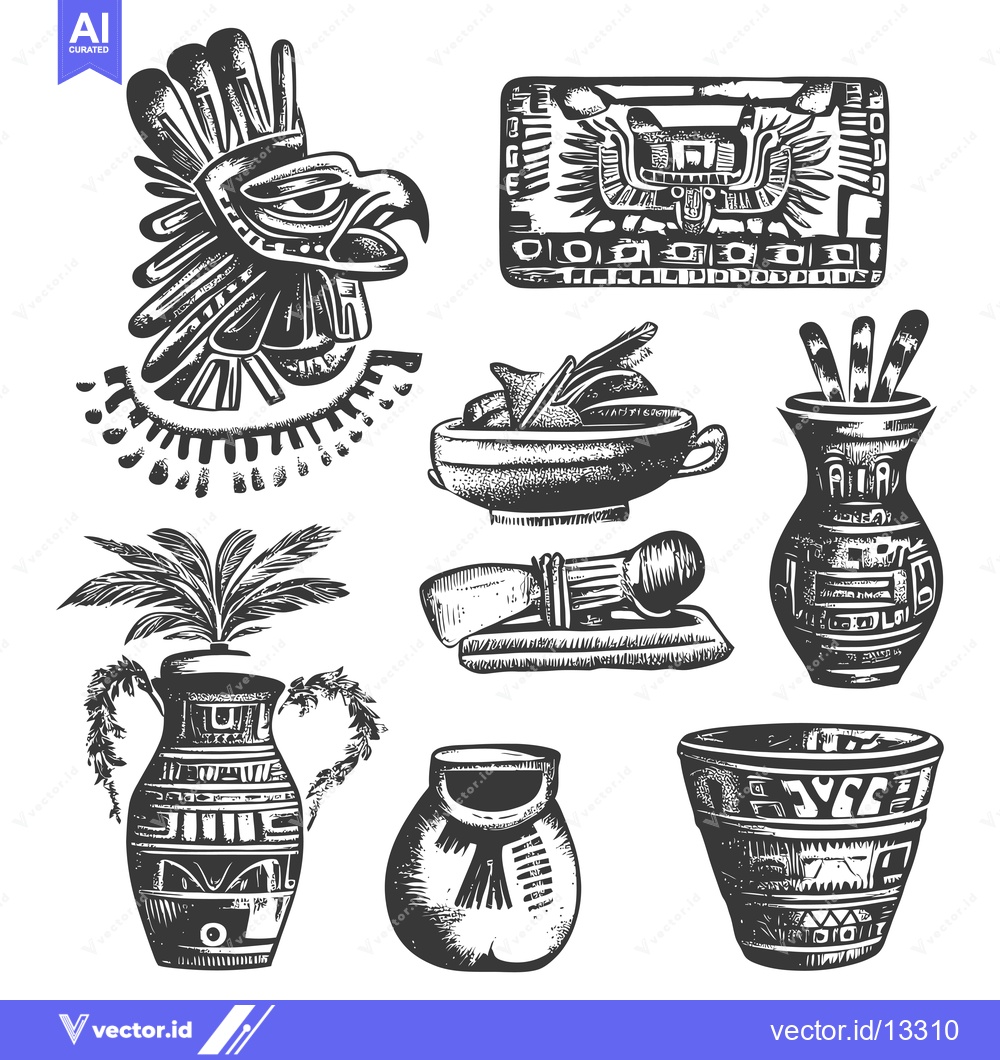 Premium Vector of A Collection of Hand-Drawn Aztec and Mayan-Inspired Artifacts