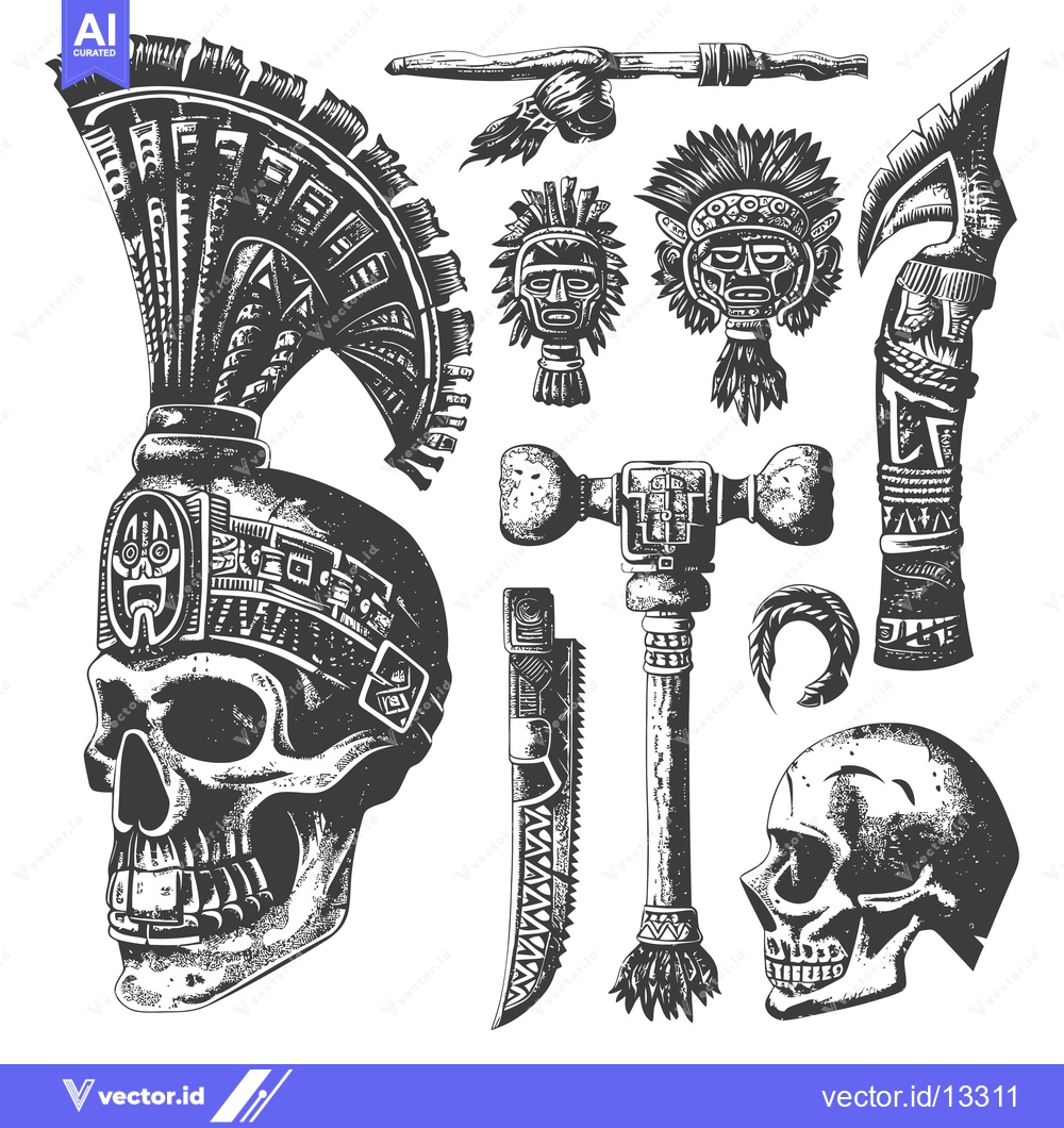 Premium Vector of A Collection of Hand-Drawn Aztec-Inspired Skull and Weapon Designs