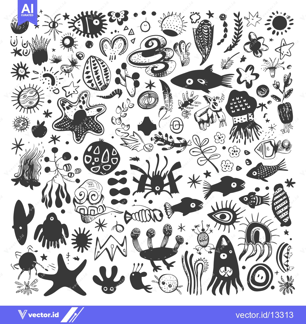 Premium Vector of A Collection of Hand-Drawn Black and White Abstract Shapes and Creatur